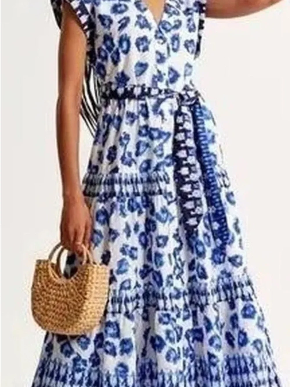 Tie Midi Dress in Blue Pattern